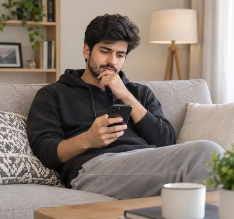 A person looking thoughtfully at a phone screen in a home setting