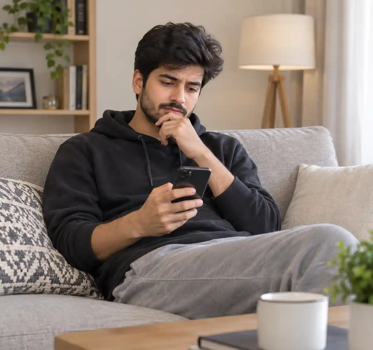 A person looking thoughtfully at a phone screen in a home setting