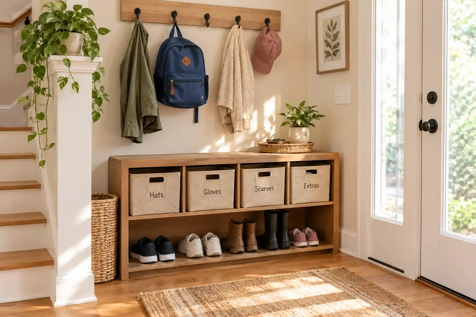 A tidy entryway landing zone with wall hooks, small bins, and shoes lined up