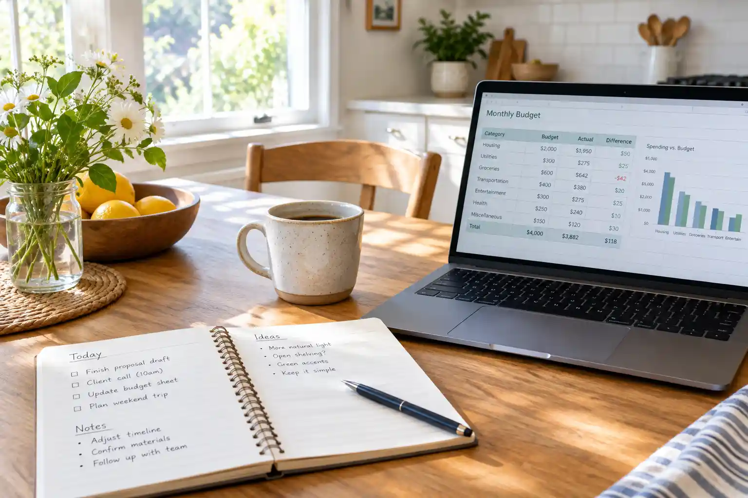 A notebook and laptop open on a kitchen table with a cup of coffee nearby