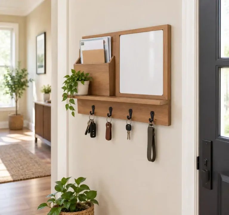 A wall-mounted family command center with a mail slot, hooks, and a dry-erase panel
