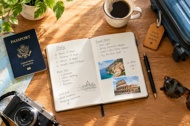 A flat-lay of a travel notebook, passport, and small suitcase with a cup of coffee