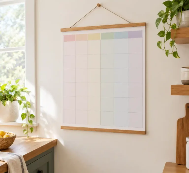A large blank wall calendar with color-coded columns hanging in a hallway