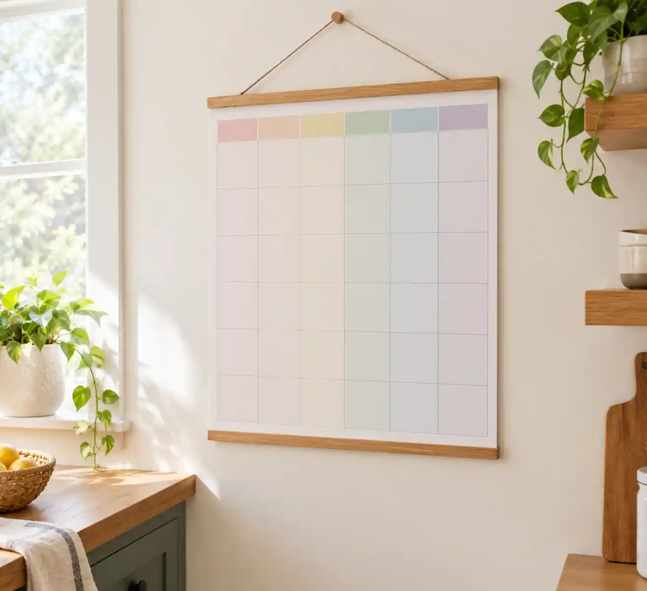 A large blank wall calendar with color-coded columns hanging in a hallway