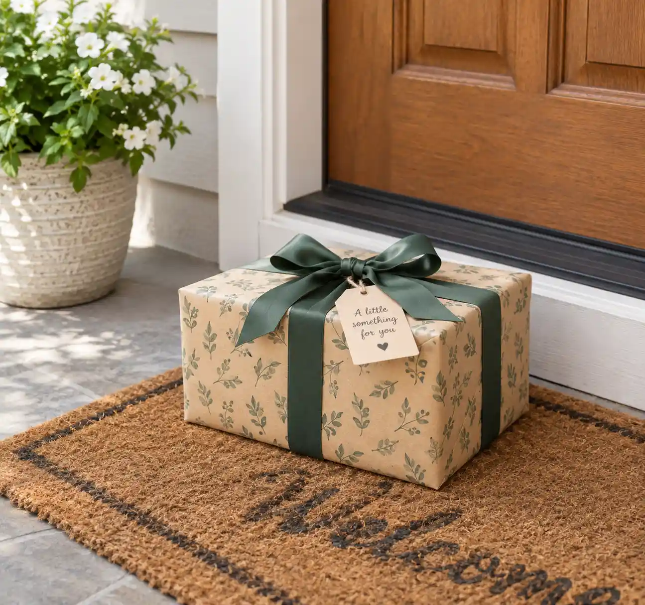 A wrapped gift box sitting on a doorstep