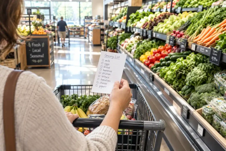 A person pushing a grocery cart down a produce aisle holding a paper shopping list