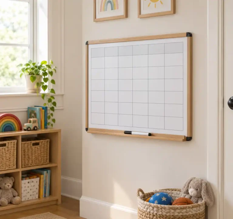 A blank dry-erase chore chart board with a marker on the ledge