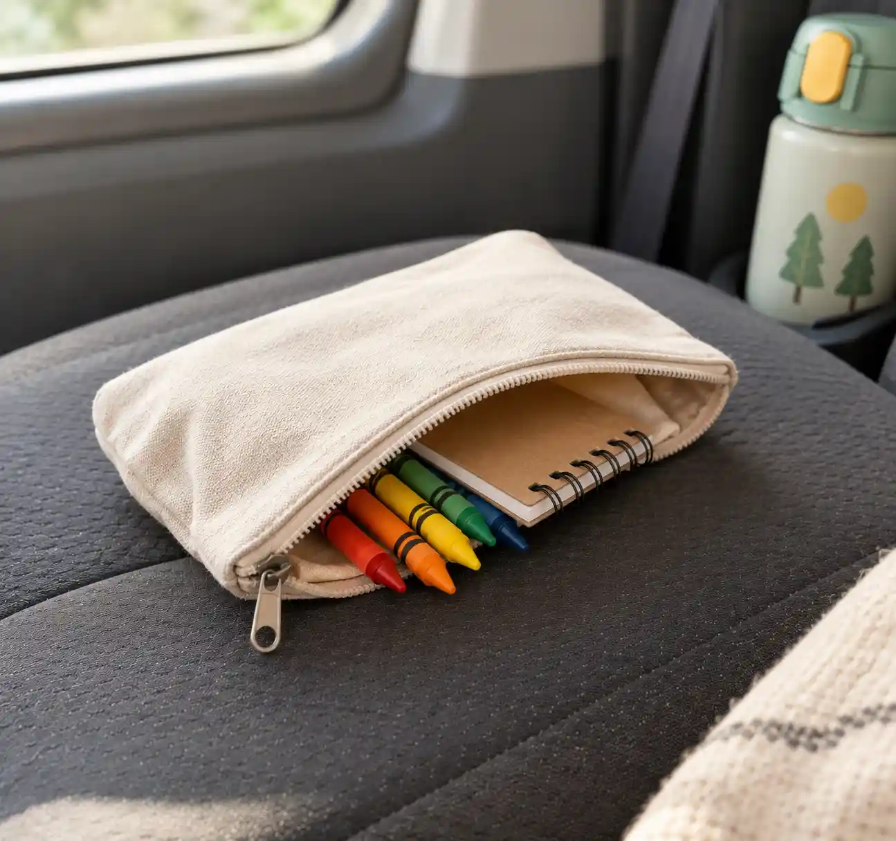 A small zippered activity pouch open on a car seat with crayons and a notepad
