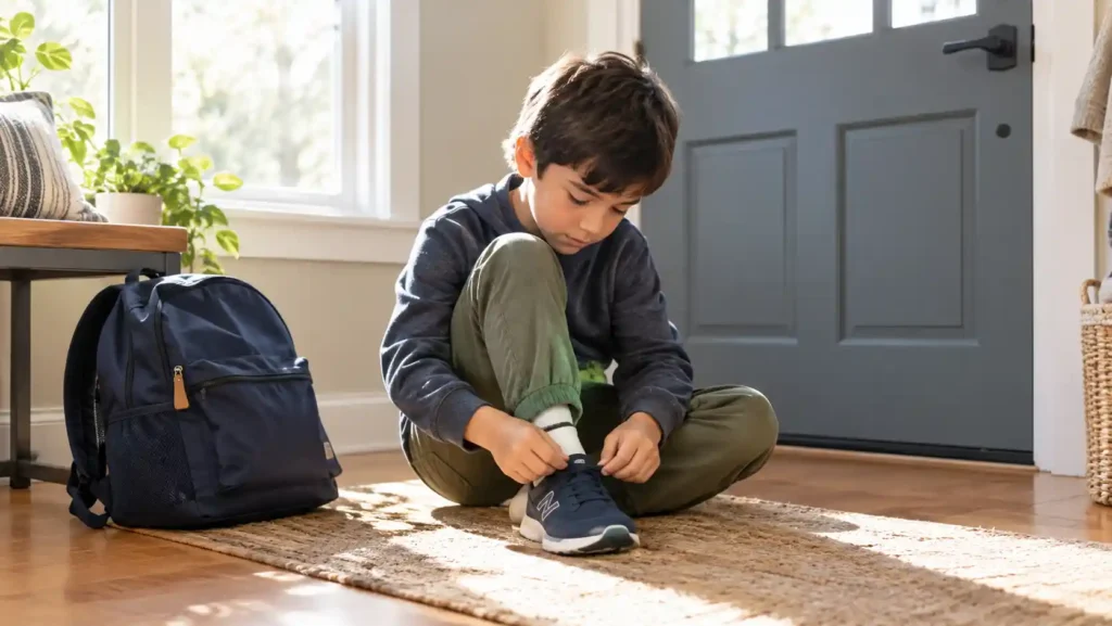 A school-age child putting on shoes by a front door with a backpack nearby in morning light