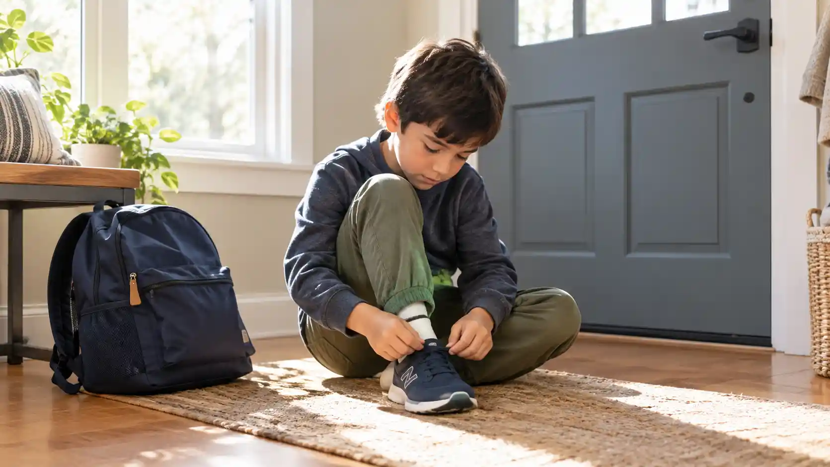 A school-age child putting on shoes by a front door with a backpack nearby in morning light