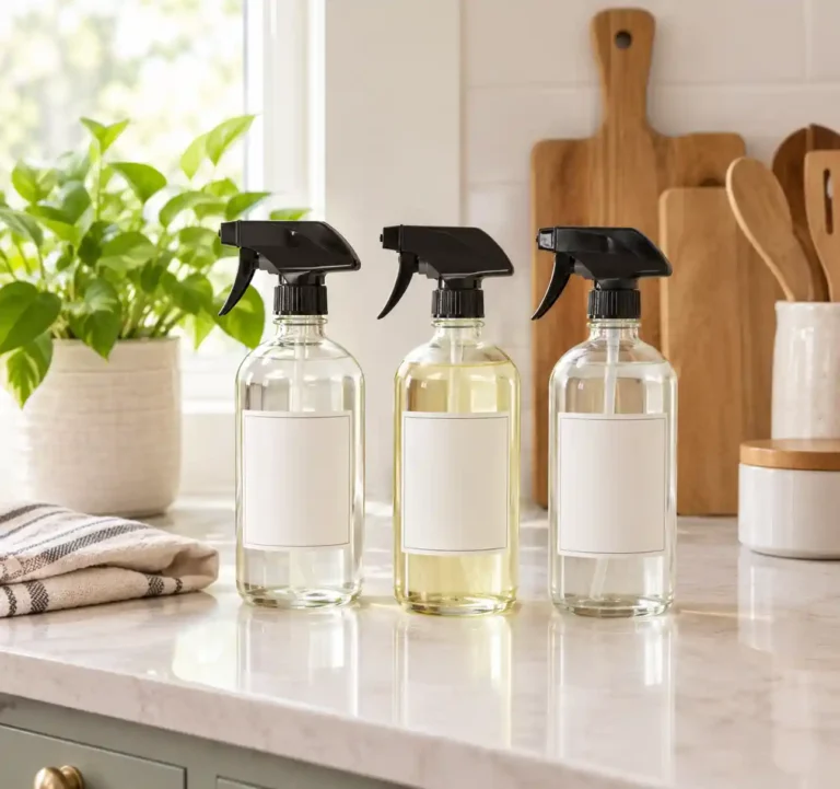 Glass spray bottles with blank labels lined up on a kitchen counter