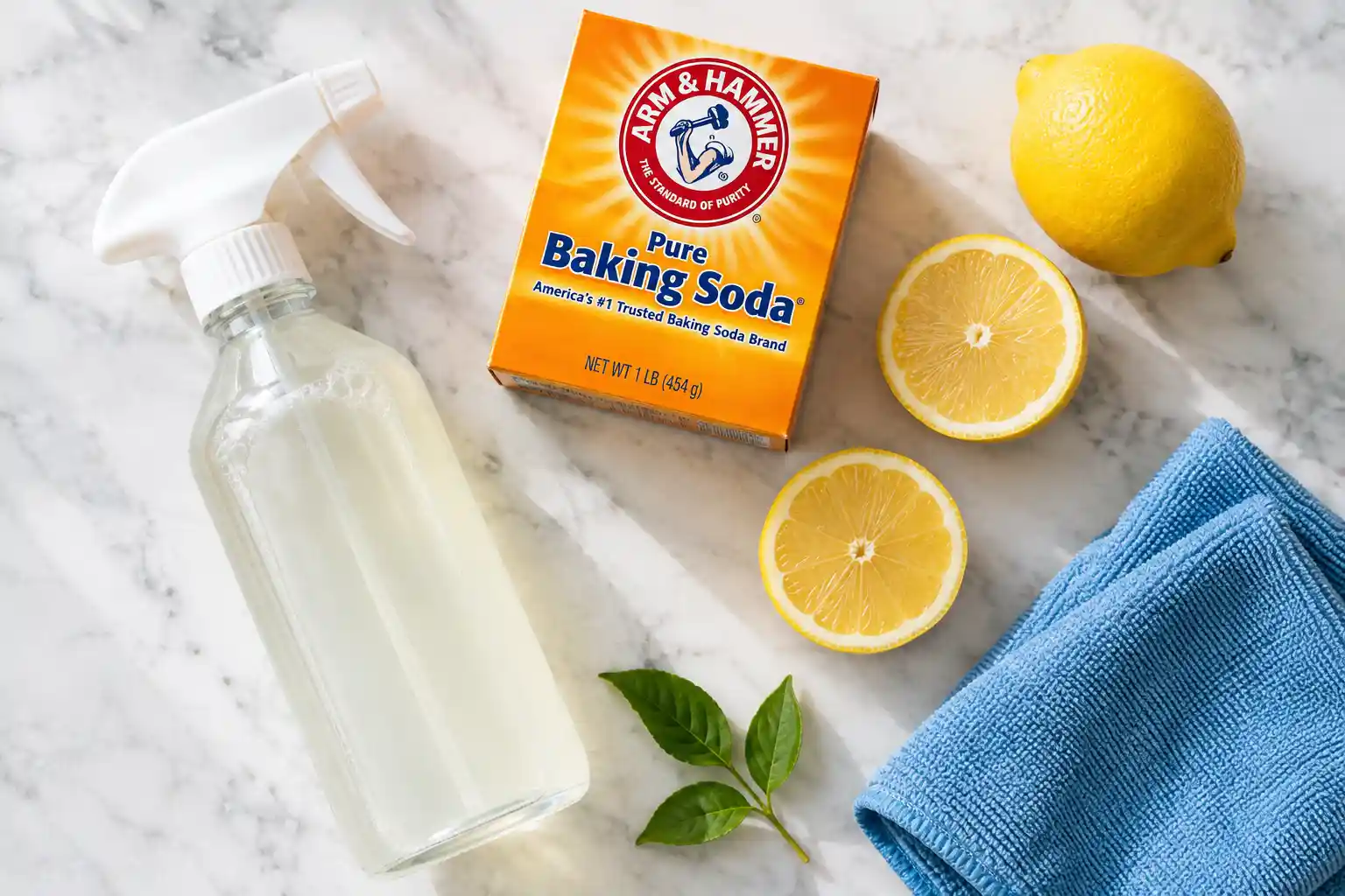 A flat-lay of a spray bottle, baking soda, lemon halves, and a folded microfiber cloth