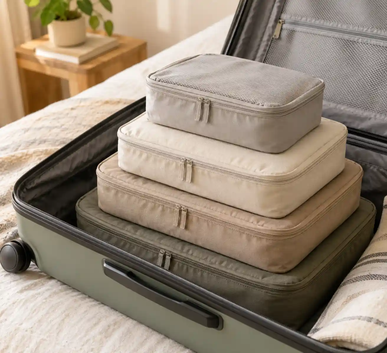 Four packing cubes in graduated sizes arranged in an open suitcase