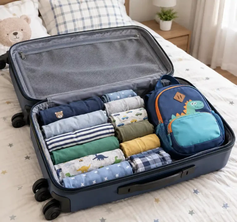 An open suitcase on a bed with neatly rolled kids' outfits and a small backpack
