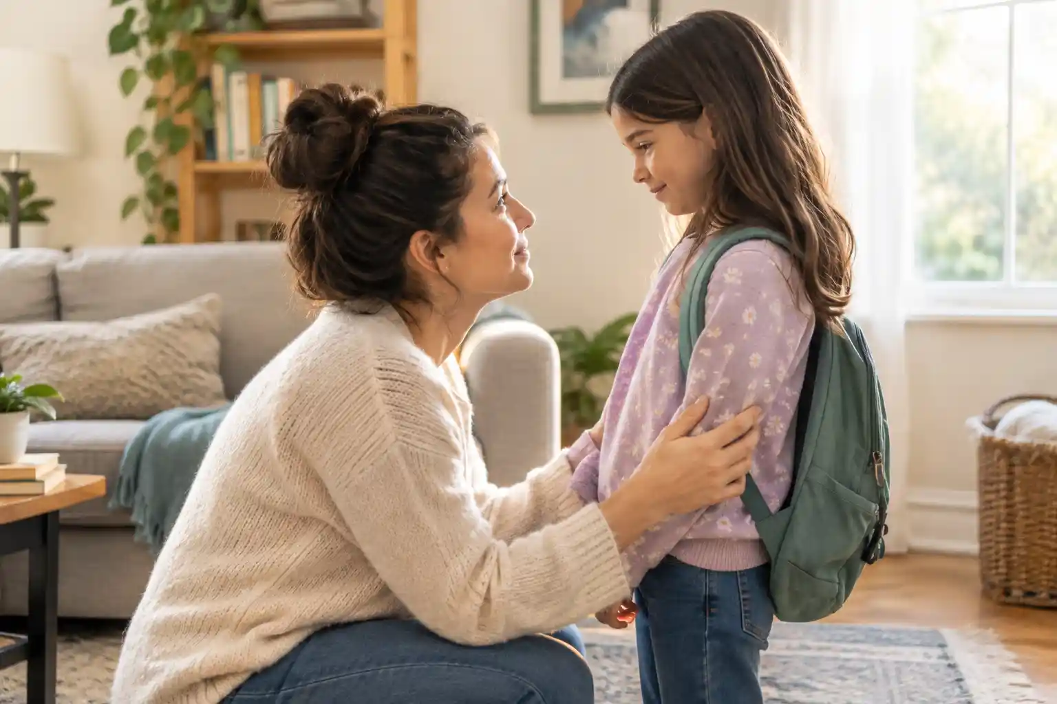 A parent kneeling at eye level talking calmly with a child in a living room