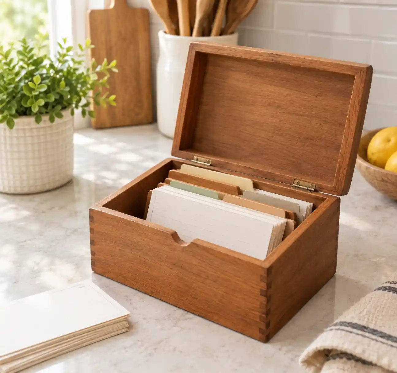 An open wooden recipe box with dividers and blank index cards