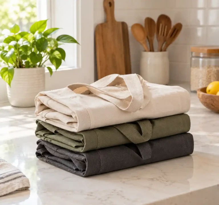 Three neatly folded canvas grocery totes stacked on a kitchen counter