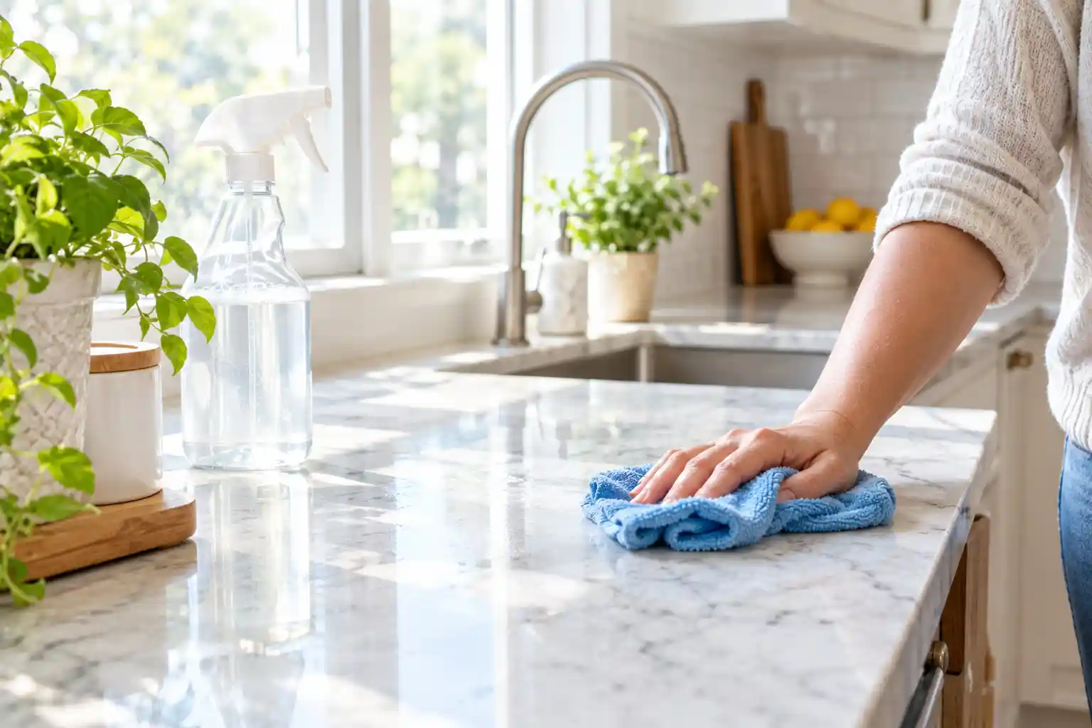 A clean, bright kitchen counter mid-wipe-down with a spray bottle and cloth